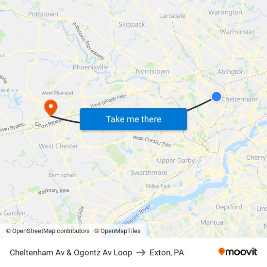 Cheltenham Av & Ogontz Av Loop to Exton, PA map