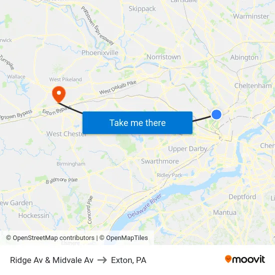 Ridge Av & Midvale Av to Exton, PA map