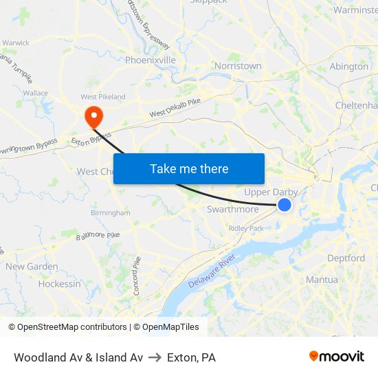 Woodland Av & Island Av to Exton, PA map