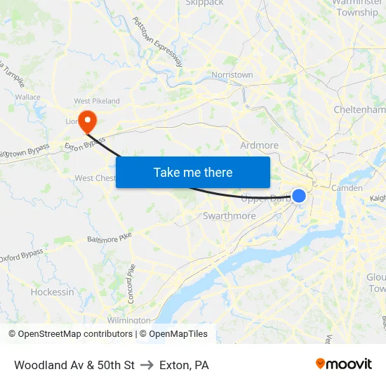 Woodland Av & 50th St to Exton, PA map