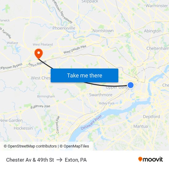Chester Av & 49th St to Exton, PA map