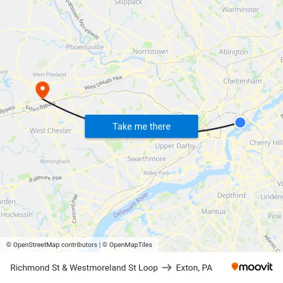 Richmond St & Westmoreland St Loop to Exton, PA map