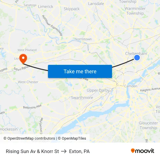 Rising Sun Av & Knorr St to Exton, PA map