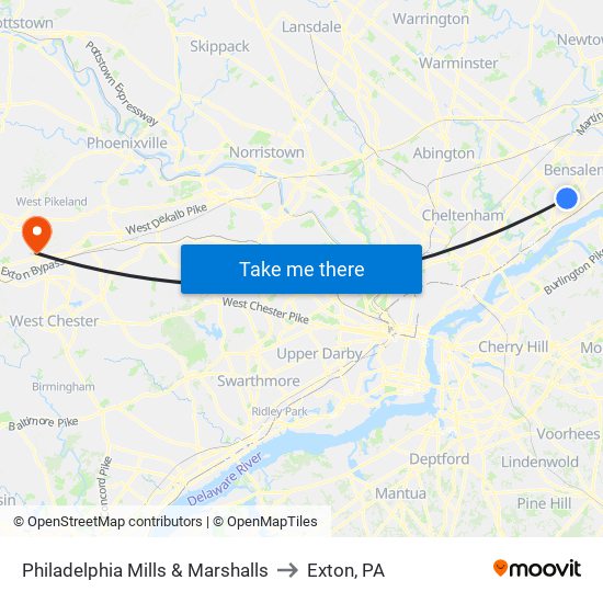 Philadelphia Mills & Marshalls to Exton, PA map