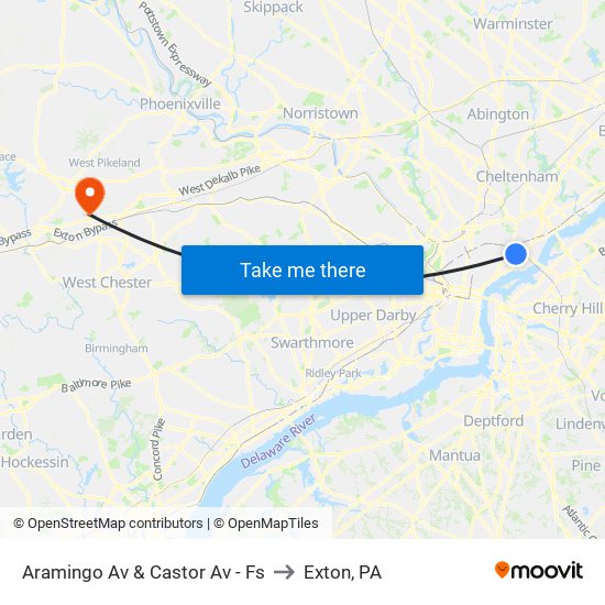 Aramingo Av & Castor Av - Fs to Exton, PA map