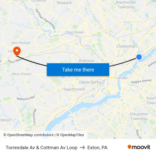 Torresdale Av & Cottman Av Loop to Exton, PA map