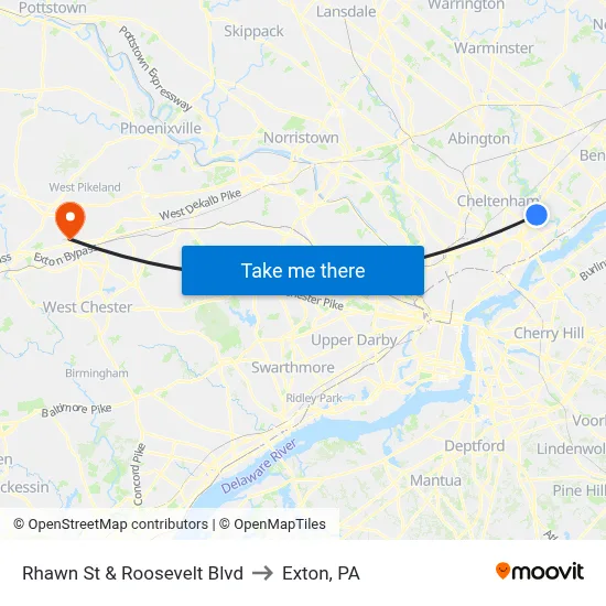 Rhawn St & Roosevelt Blvd to Exton, PA map