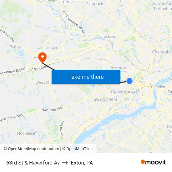 63rd St & Haverford Av to Exton, PA map