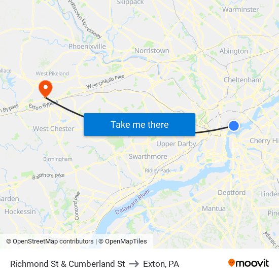Richmond St & Cumberland St to Exton, PA map