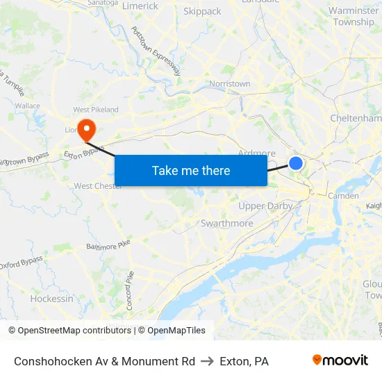 Conshohocken Av & Monument Rd to Exton, PA map