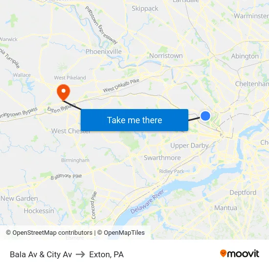 Bala Av & City Av to Exton, PA map