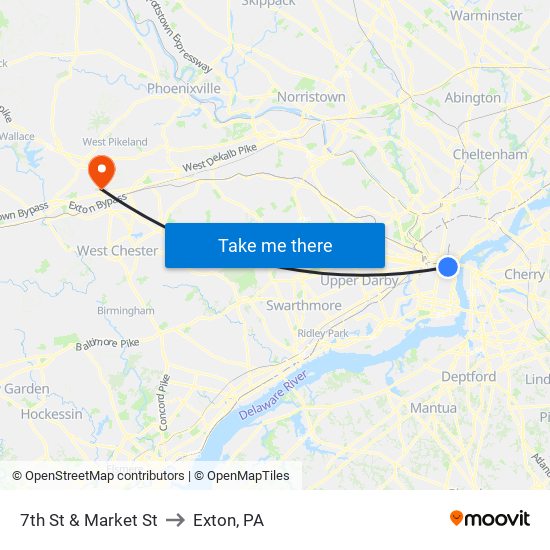 7th St & Market St to Exton, PA map