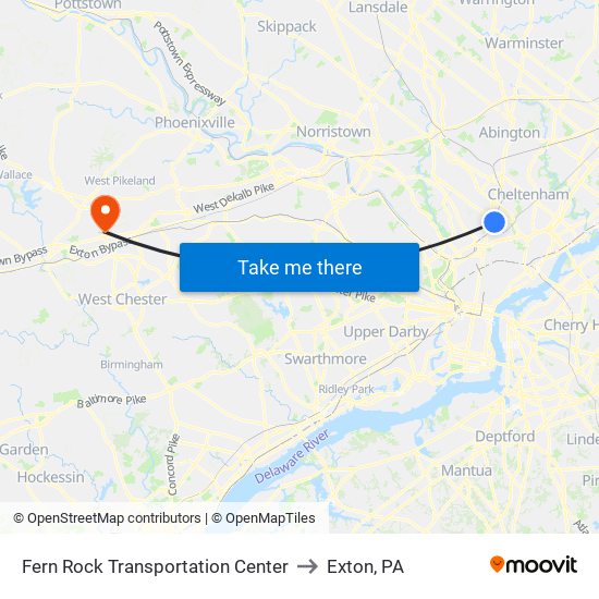 Fern Rock Transportation Center to Exton, PA map