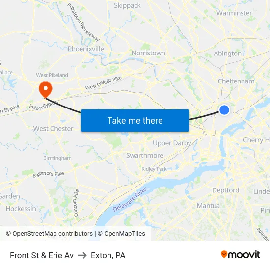 Front St & Erie Av to Exton, PA map