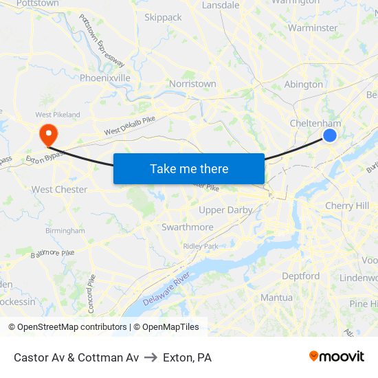 Castor Av & Cottman Av to Exton, PA map