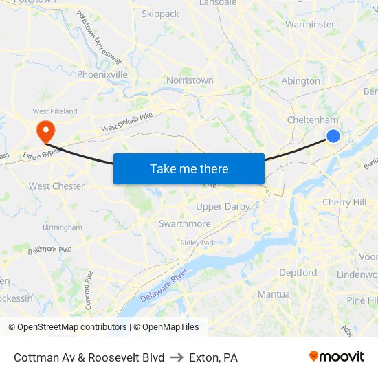 Cottman Av & Roosevelt Blvd to Exton, PA map