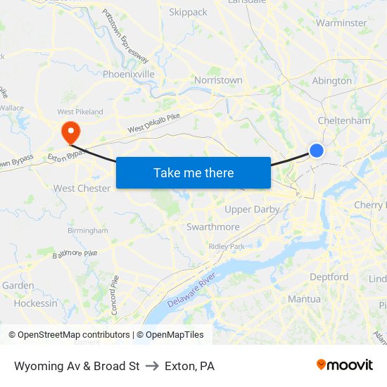Wyoming Av & Broad St to Exton, PA map