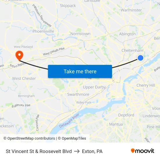 St Vincent St & Roosevelt Blvd to Exton, PA map