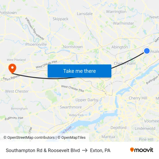 Southampton Rd & Roosevelt Blvd to Exton, PA map