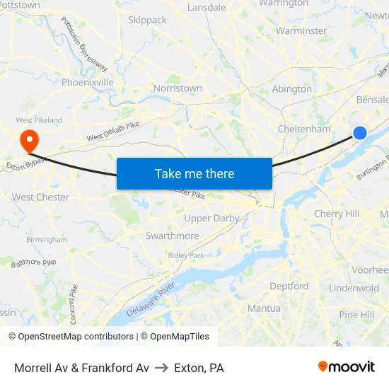 Morrell Av & Frankford Av to Exton, PA map