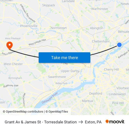 Grant Av & James St - Torresdale Station to Exton, PA map