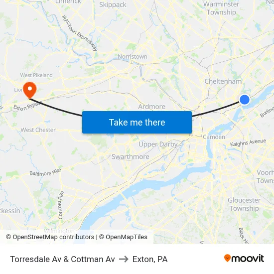 Torresdale Av & Cottman Av to Exton, PA map