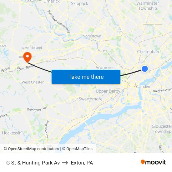 G St & Hunting Park Av to Exton, PA map