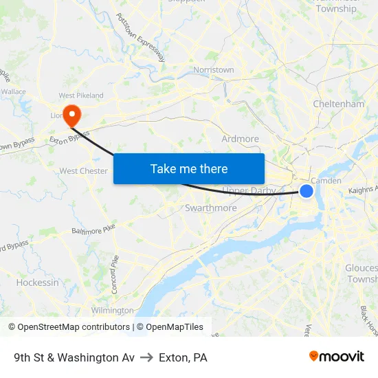 9th St & Washington Av to Exton, PA map