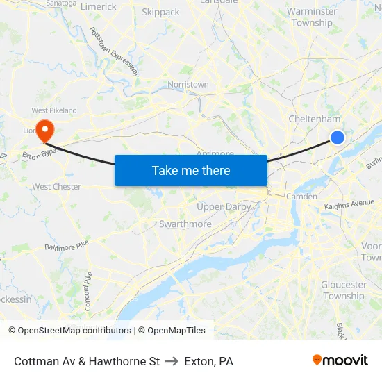 Cottman Av & Hawthorne St to Exton, PA map