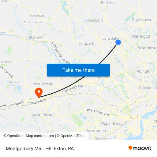 Montgomery Mall to Exton, PA map