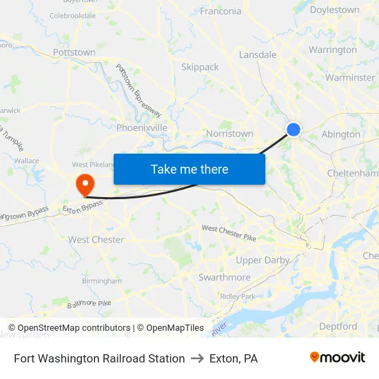 Fort Washington Railroad Station to Exton, PA map