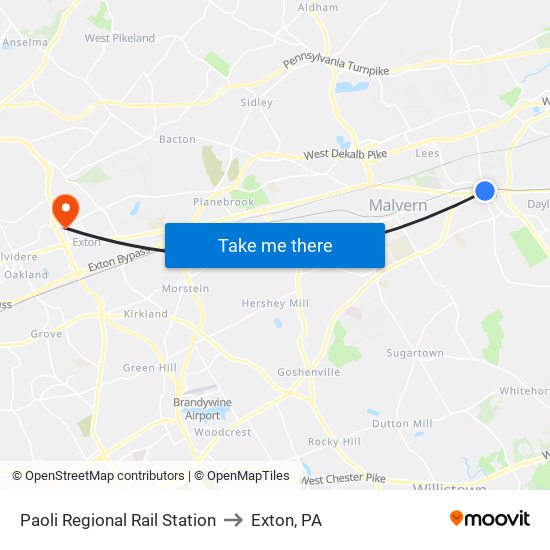 Paoli Regional Rail Station to Exton, PA map