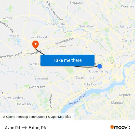 Avon Rd to Exton, PA map