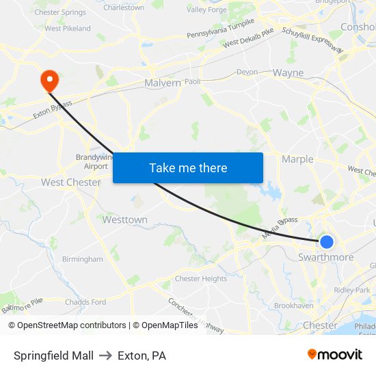 Springfield Mall to Exton, PA map