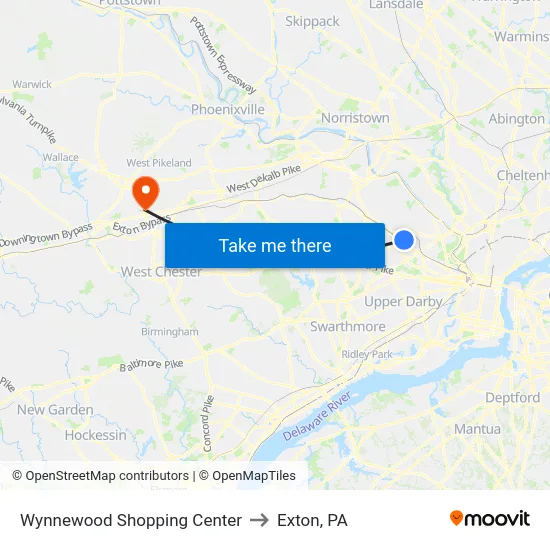 Wynnewood Shopping Center to Exton, PA map