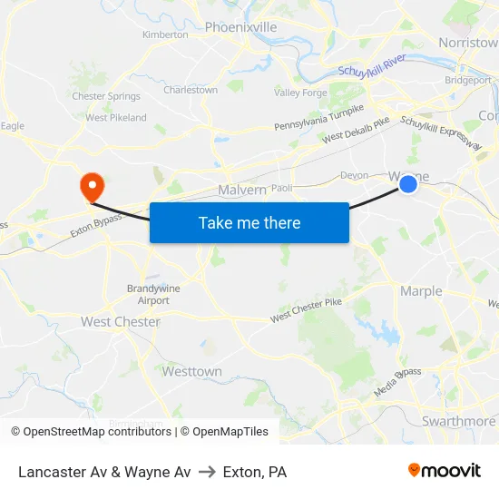 Lancaster Av & Wayne Av to Exton, PA map