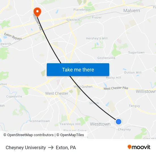 Cheyney University to Exton, PA map