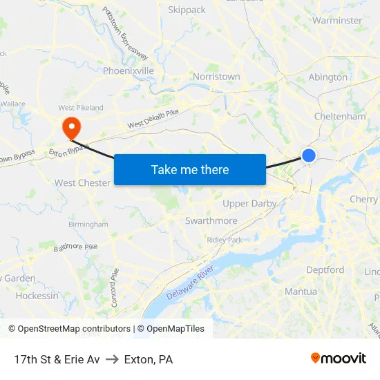 17th St & Erie Av to Exton, PA map