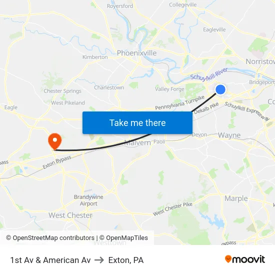 1st Av & American Av to Exton, PA map