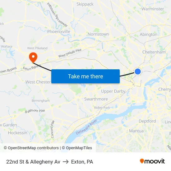 22nd St & Allegheny Av to Exton, PA map