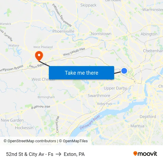 52nd St & City Av - Fs to Exton, PA map