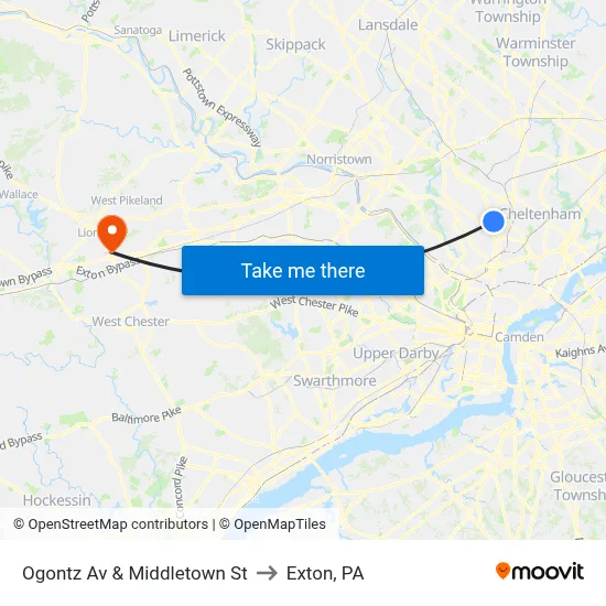 Ogontz Av & Middletown St to Exton, PA map