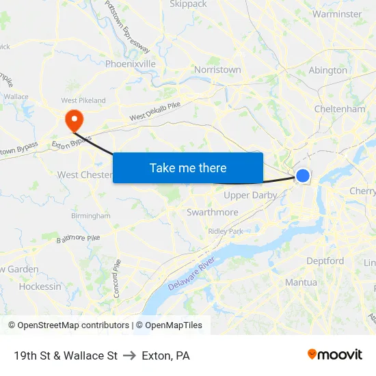 19th St & Wallace St to Exton, PA map