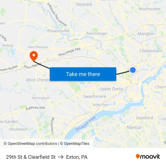 29th St & Clearfield St to Exton, PA map