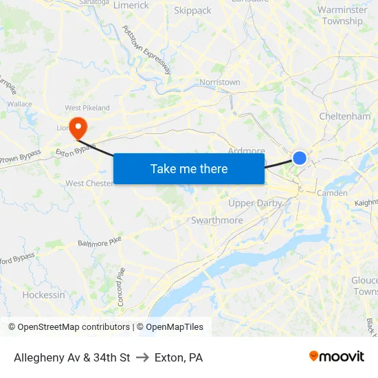Allegheny Av & 34th St to Exton, PA map