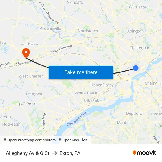 Allegheny Av & G St to Exton, PA map