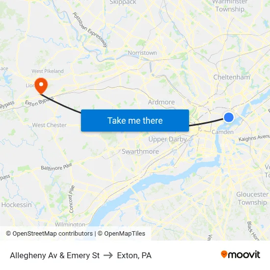 Allegheny Av & Emery St to Exton, PA map