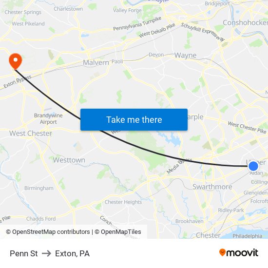 Penn St to Exton, PA map