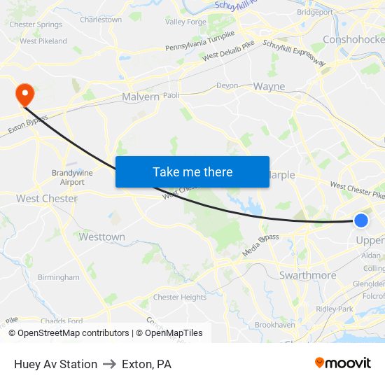 Huey Av Station to Exton, PA map