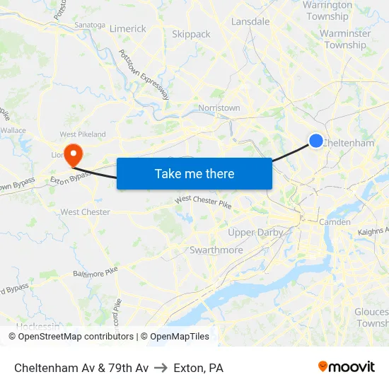 Cheltenham Av & 79th Av to Exton, PA map